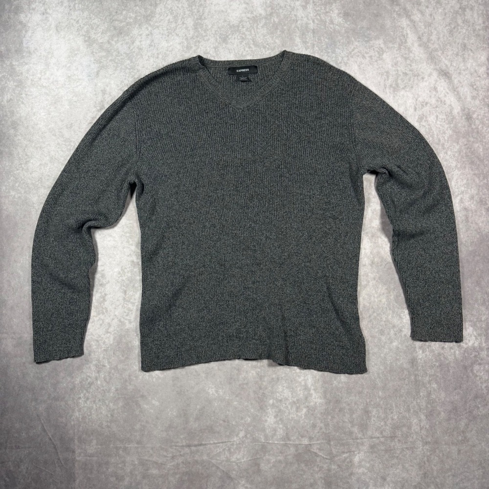 Express Grey Ribbed V-Neck Cotton Sweater L Long Sleeve Classic Knit Preppy Chic